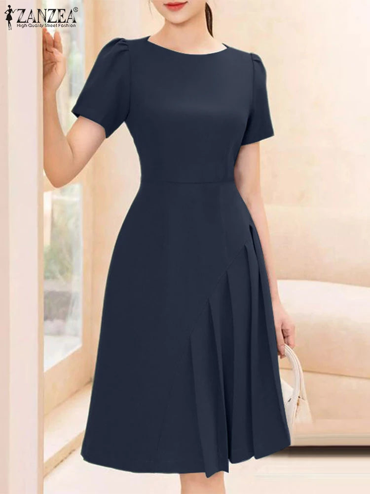Zanzea 2025 moda vestido plissado feminino verão manga curta o pescoço cintura cinched na altura do joelho vestidos elegantes roupões de festa