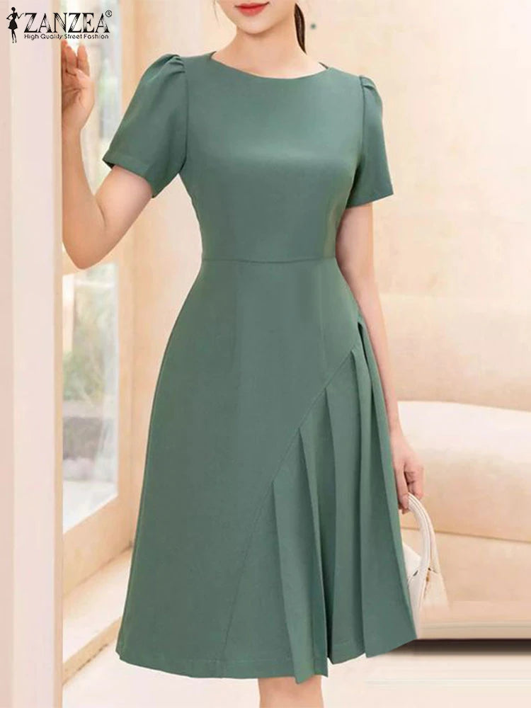 Zanzea 2025 moda vestido plissado feminino verão manga curta o pescoço cintura cinched na altura do joelho vestidos elegantes roupões de festa