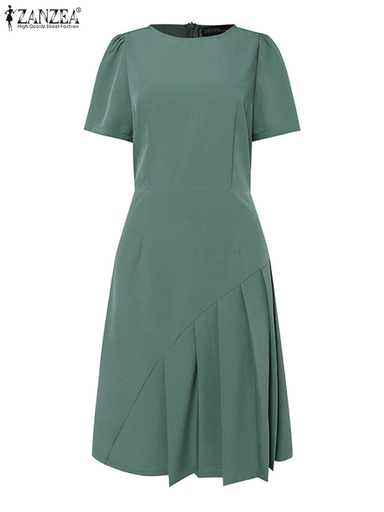 Zanzea 2025 moda vestido plissado feminino verão manga curta o pescoço cintura cinched na altura do joelho vestidos elegantes roupões de festa
