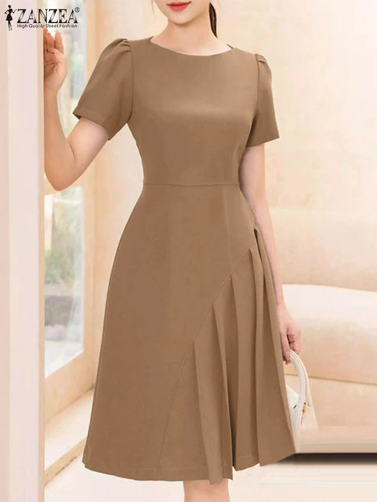 Zanzea 2025 moda vestido plissado feminino verão manga curta o pescoço cintura cinched na altura do joelho vestidos elegantes roupões de festa
